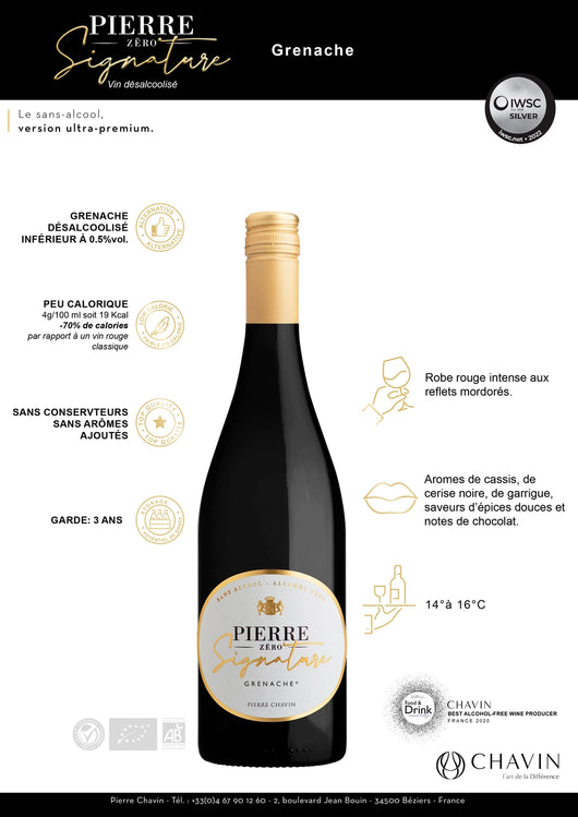 Vin rouge sans alcool Pierre Zéro Signature Grenache 0,5% Bio Sanzalc, cave sans alcool pour adultes décomplexés