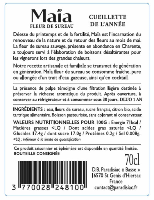 Apéritif Maïa Fleur de Sureau sans alcool 0,0% - Sanzalc, cave sans alcool pour adultes décomplexés